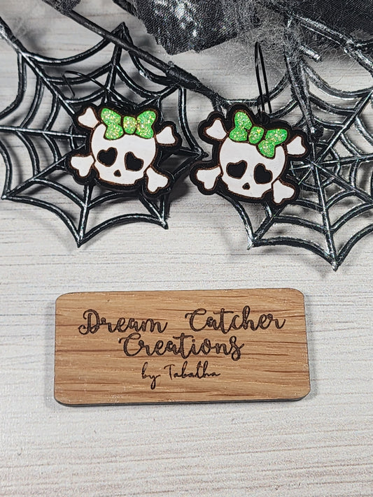 Skull w/Green Bow Wood Earrings