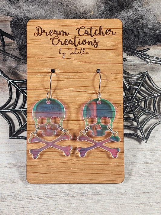 Clear Iridescent Skull & Crossbones Acrylic Earrings