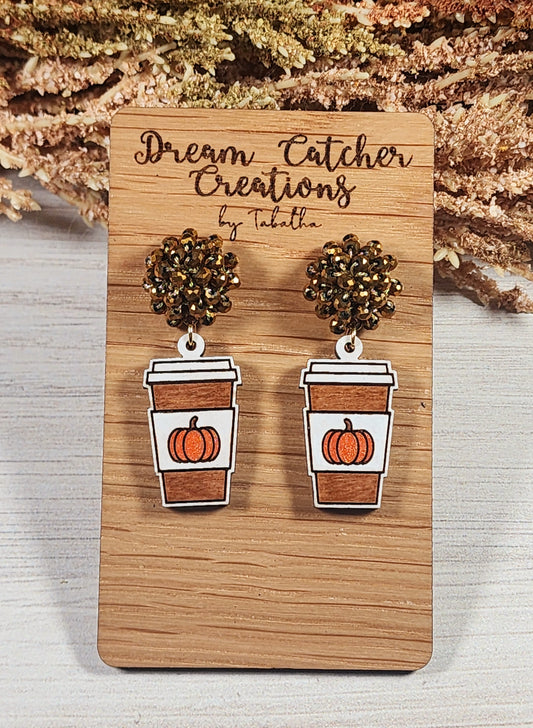 Pumpkin Hot Drink Wood Earrings