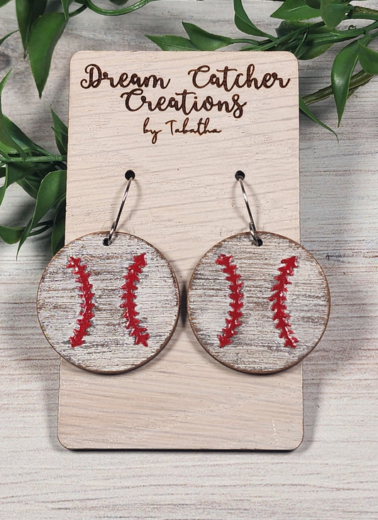 Distressed Baseball Wood Earrings