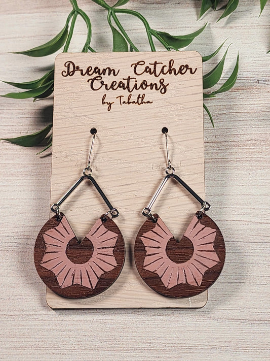 Sunburst Split Dial Wood Earrings- Rose