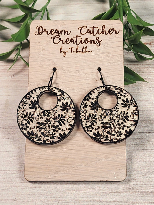 Paisley Wood Earrings- Cream background with black