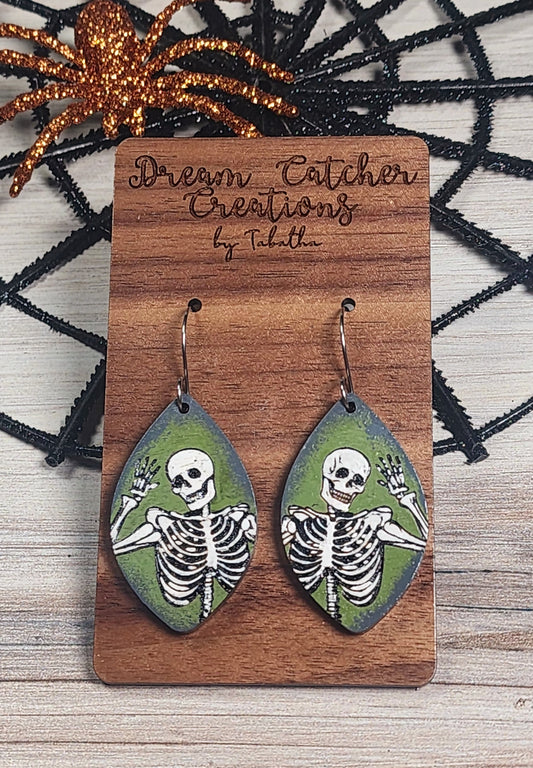 Hello Skelly Wood Earrings- green