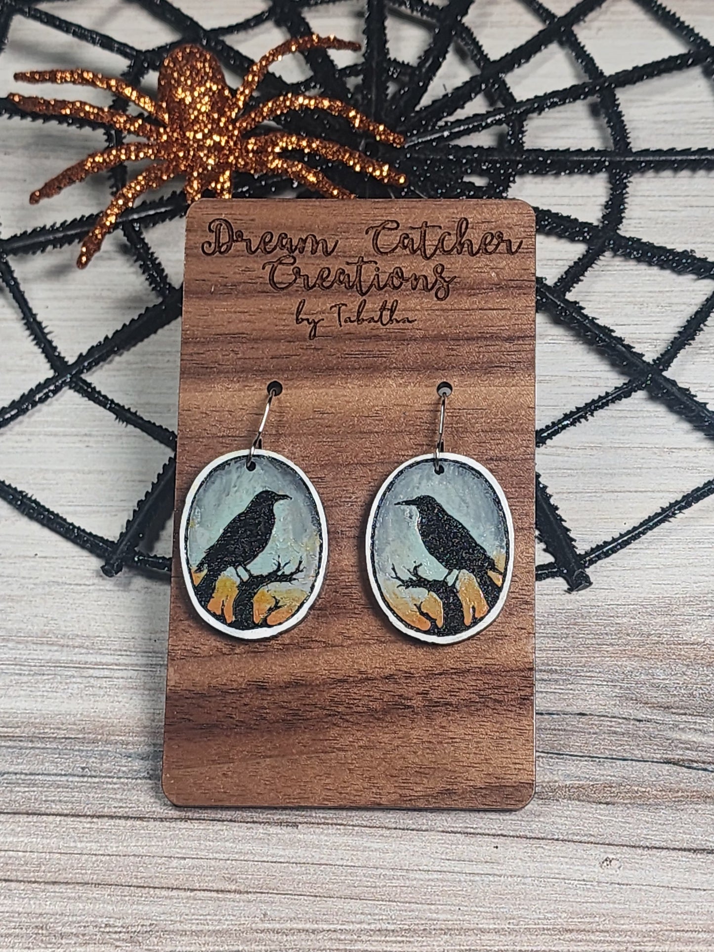 Raven in Sunset Wood Earrings