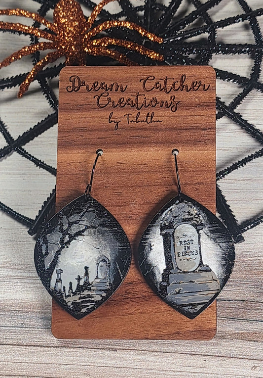 Spooky Grave Site Wood Earrings- Medium 2 inches