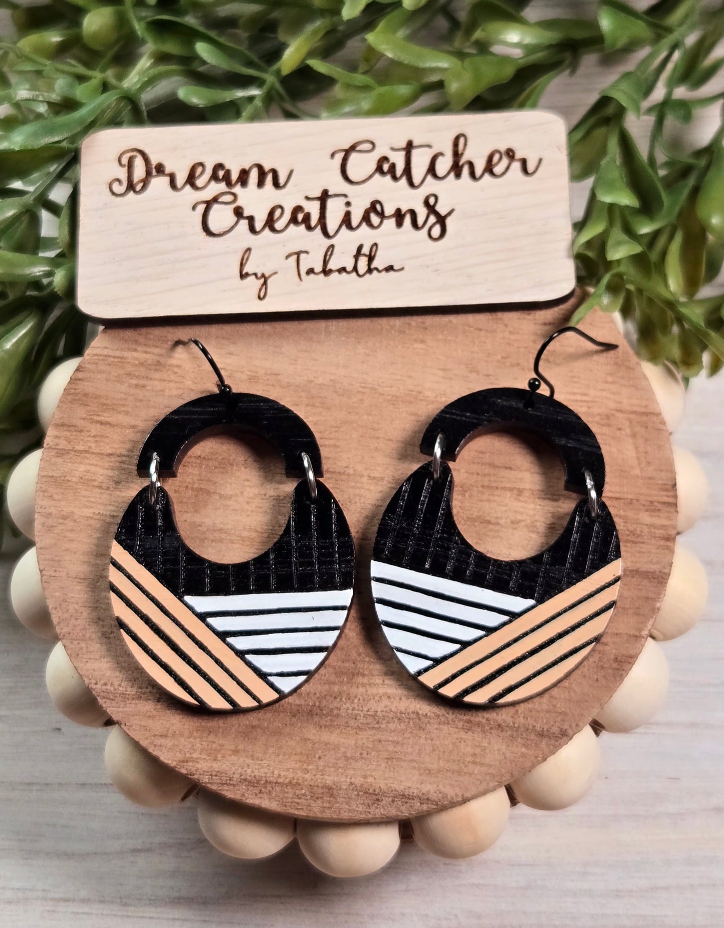 Geometric Drop Wood Earrings- Black, Tan, & White