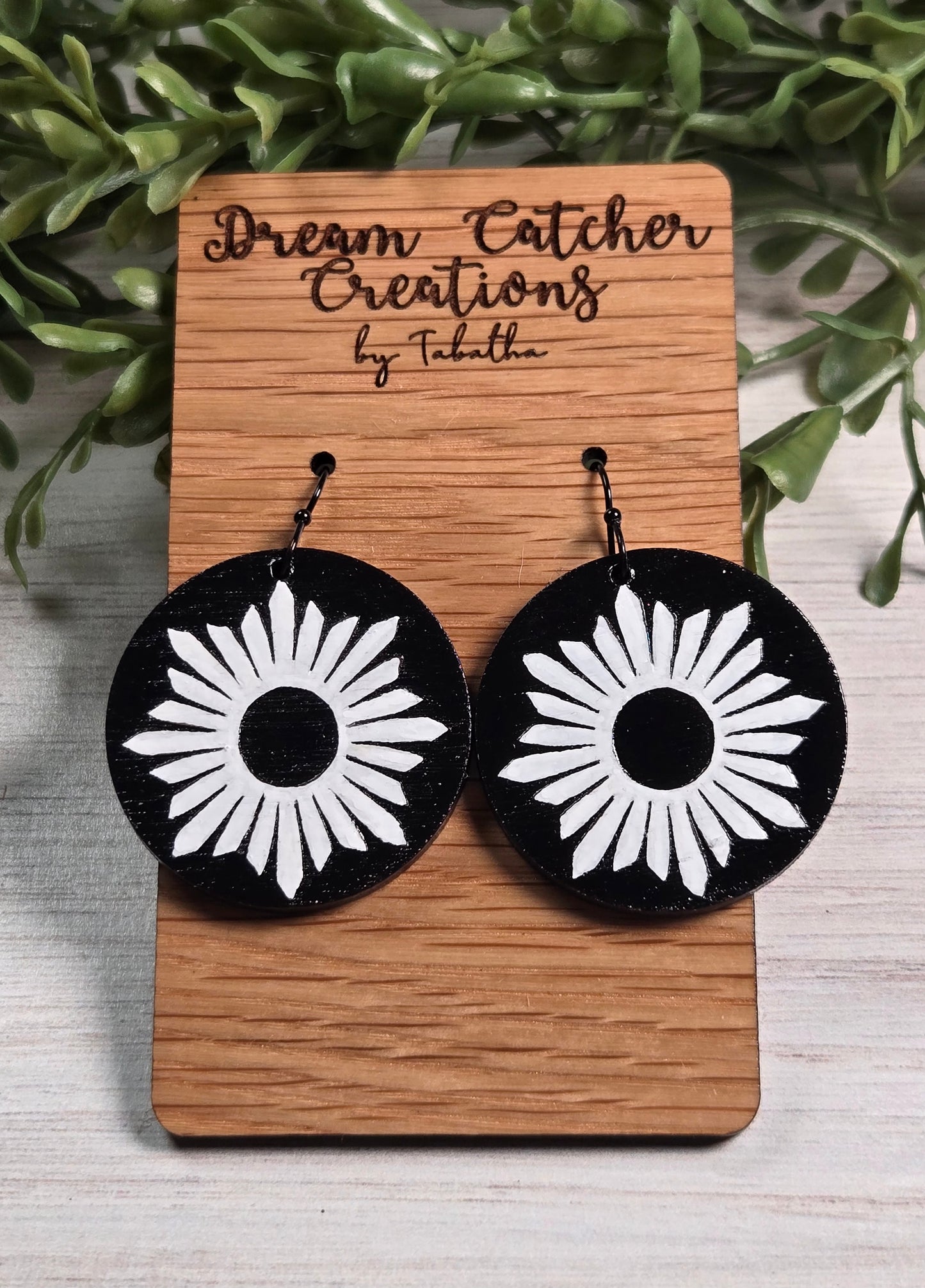 Sunburst Dial Wood Earrings- Black & White