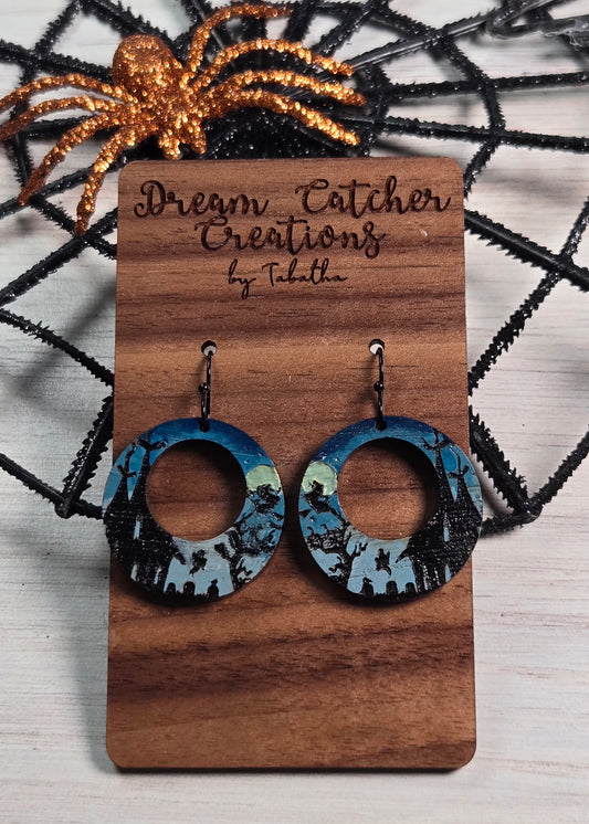 Haunted House Round Wood Earrings