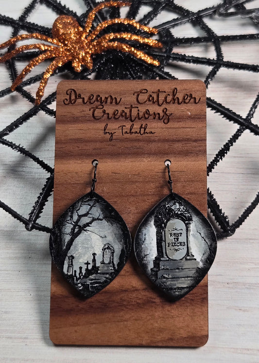 Spooky Grave Site Wood Earrings- Small 1.75 inches