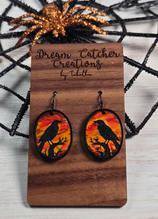 Raven in Red Sunset Wood Earrings