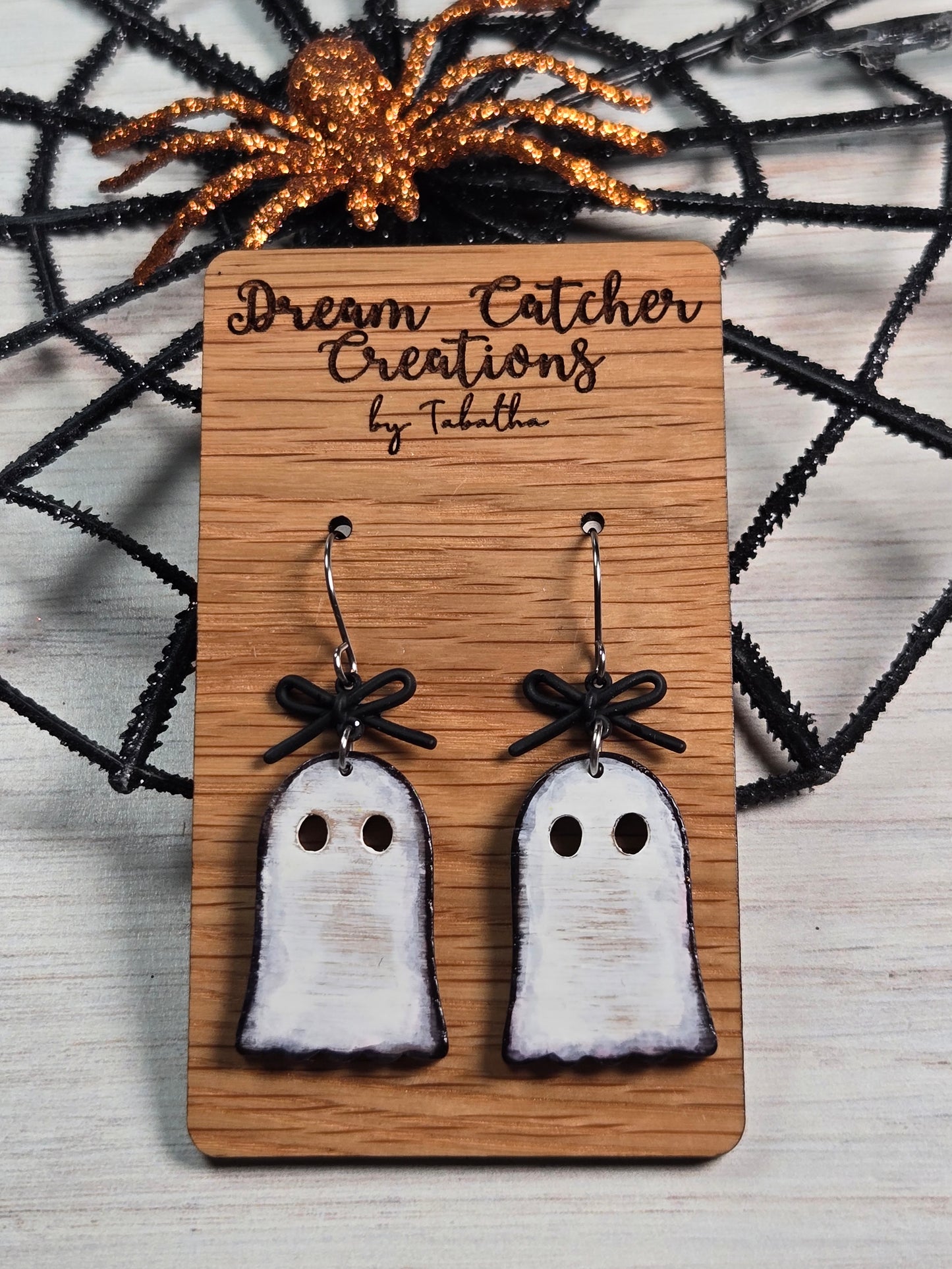 Vintage Ghost w/Black Bow Wood Earrings- Medium 1.75 inches