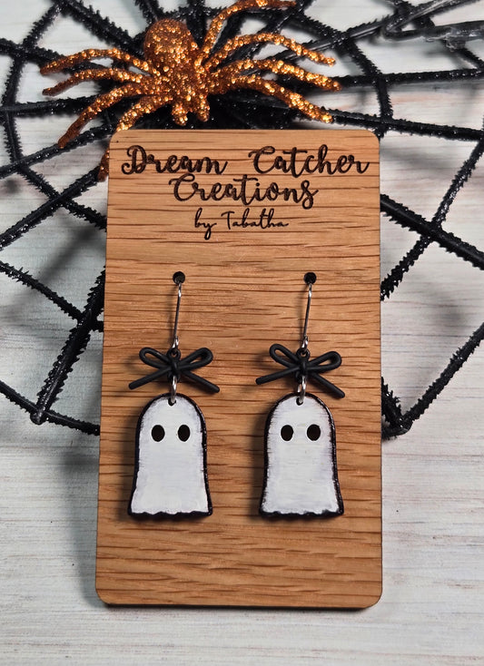 Vintage Ghost w/Black Bow Wood Earrings- Small 1.5 inches