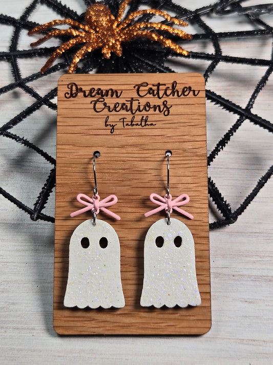 Glitter Ghost w/Pink Bow Wood Earrings- Medium 1.75 inches