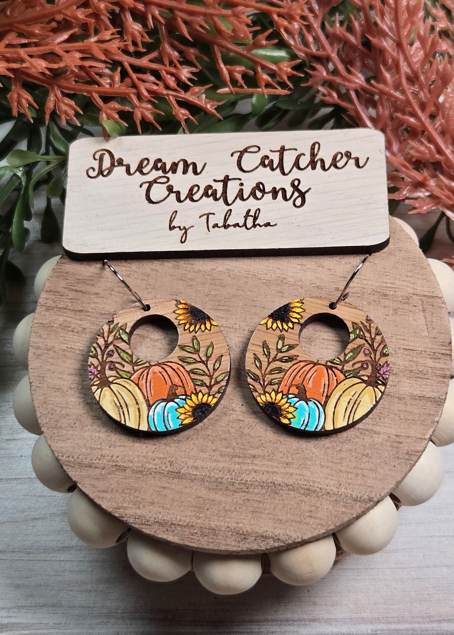 Pumpkin Patch w/Sunflowers Wood Earrings