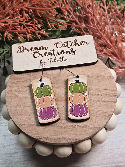 Pumpkin Trio Wood Earrings- Green, Tan, Plum