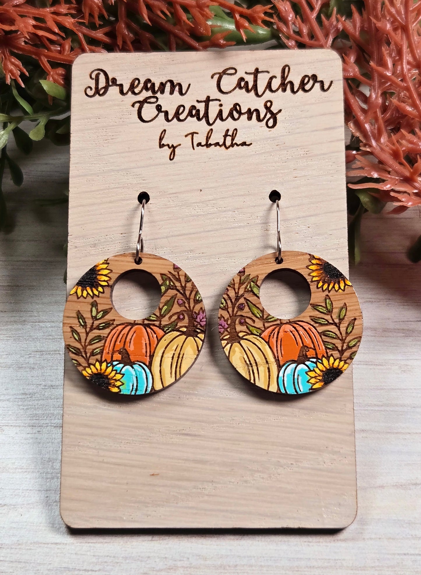 Pumpkin Patch w/Sunflowers Wood Earrings