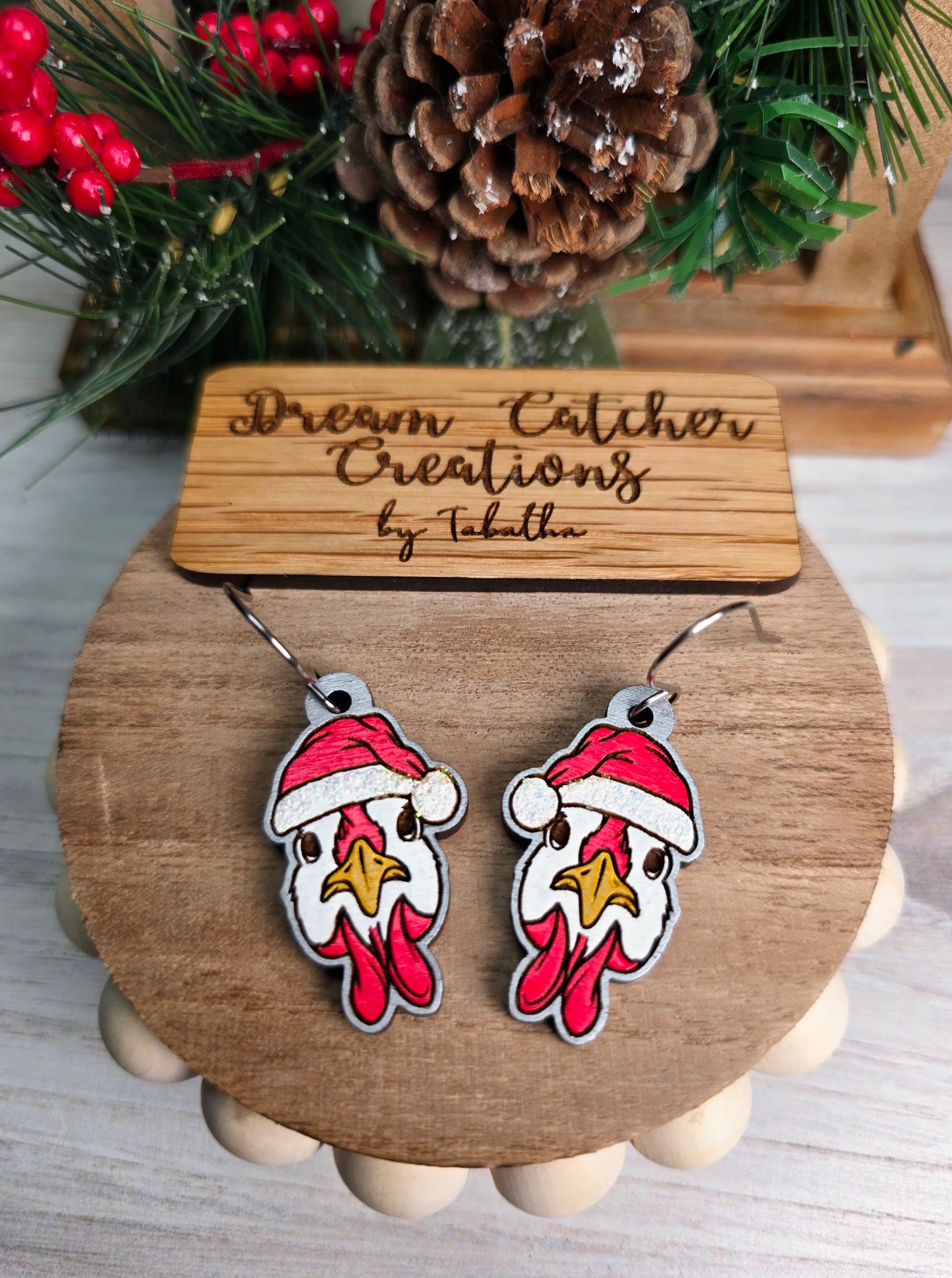 Chicken w/Santa Hat Wood Earrings