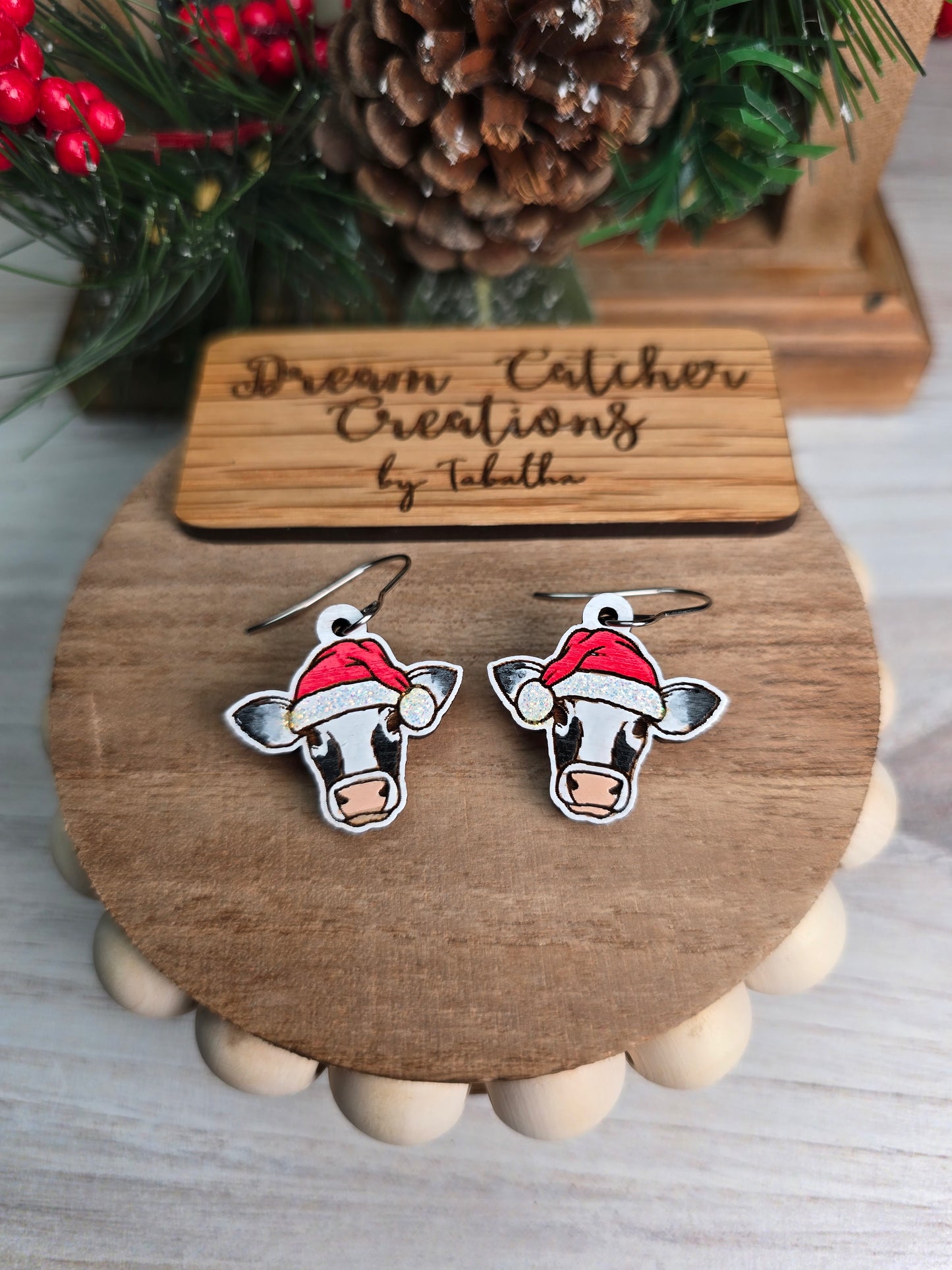 Cow w/Santa Hat Wood Earrings