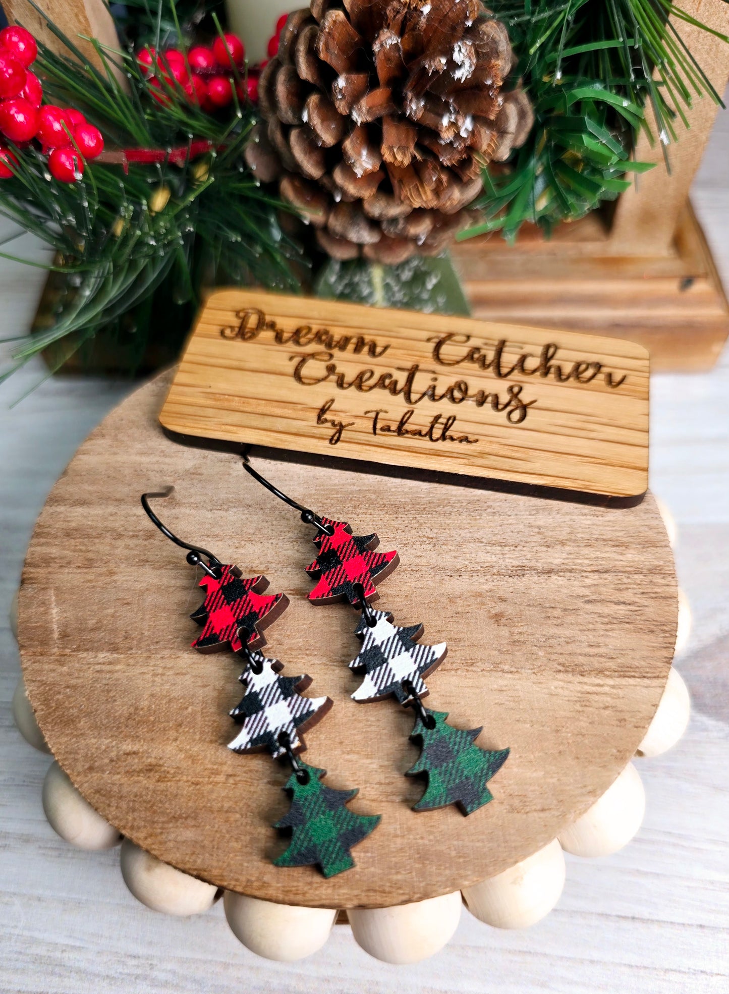 Plaid Triple Tree Wood Earrings