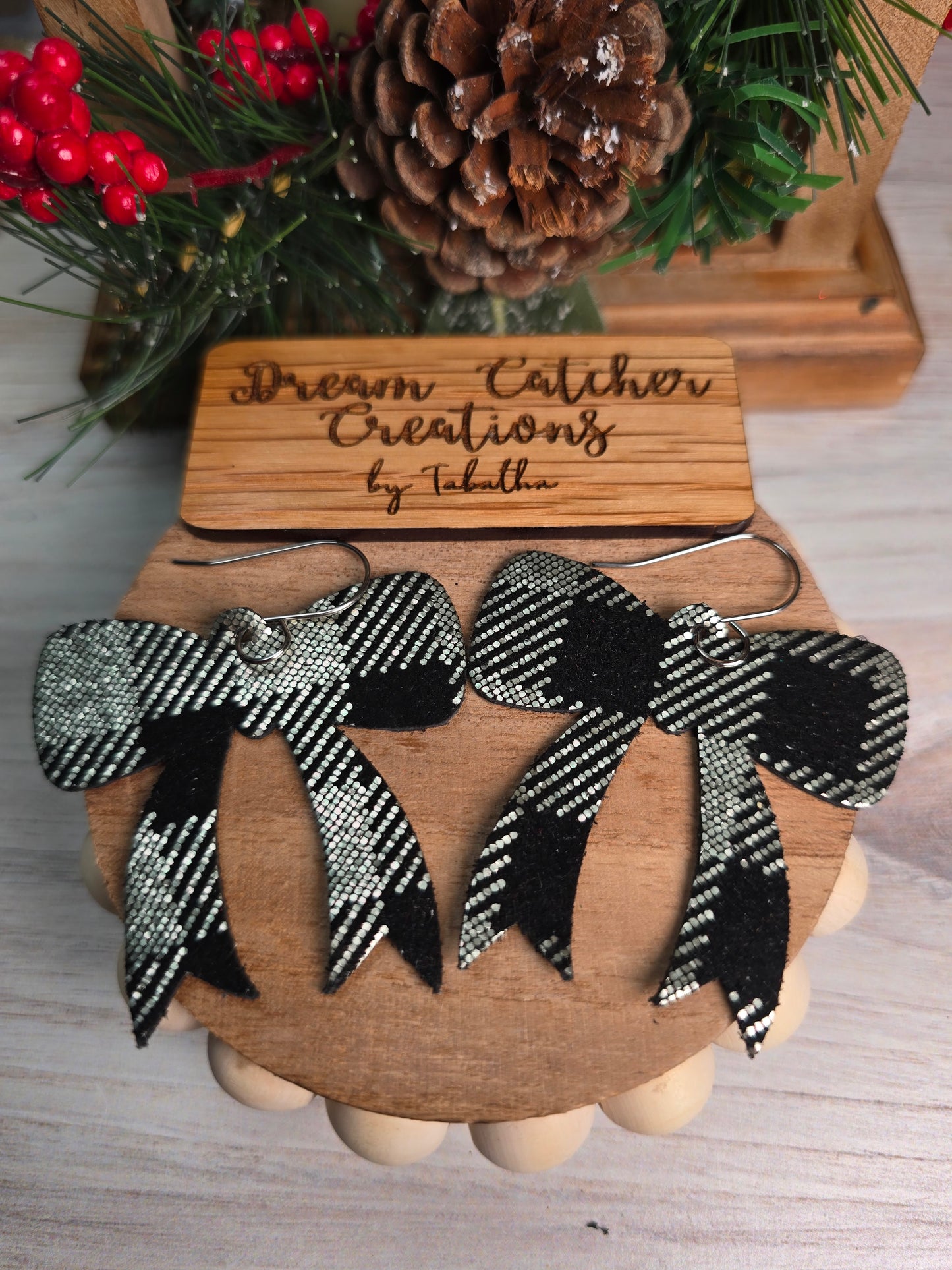 Bow Leather Earrings- Black & Silver Plaid