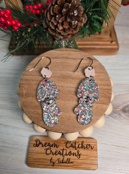 Hat & Mittens Leather Earrings- Pastel Glitter