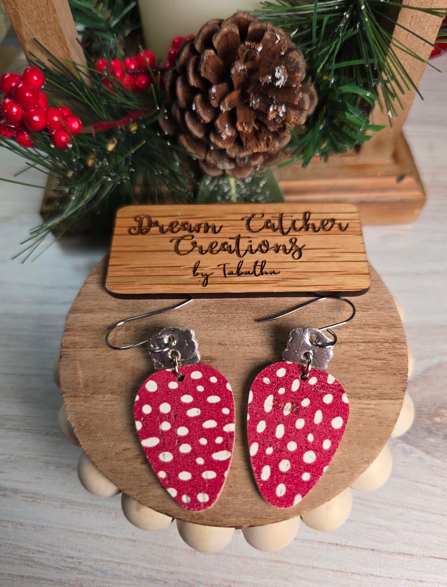 Christmas Bulb Leather Earrings- Red w/white dots