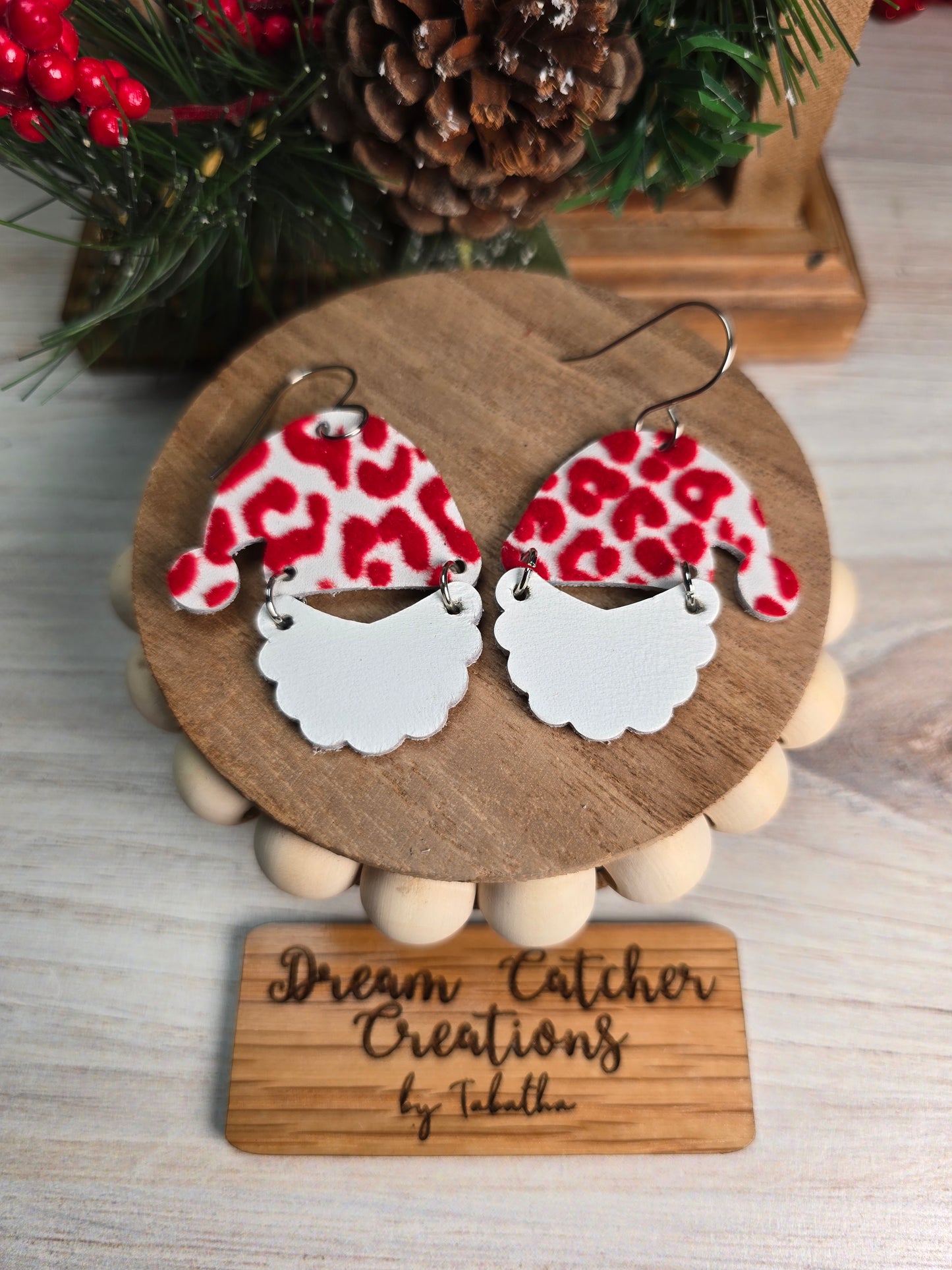 Santa Leather Earrings- Red & White Flocked