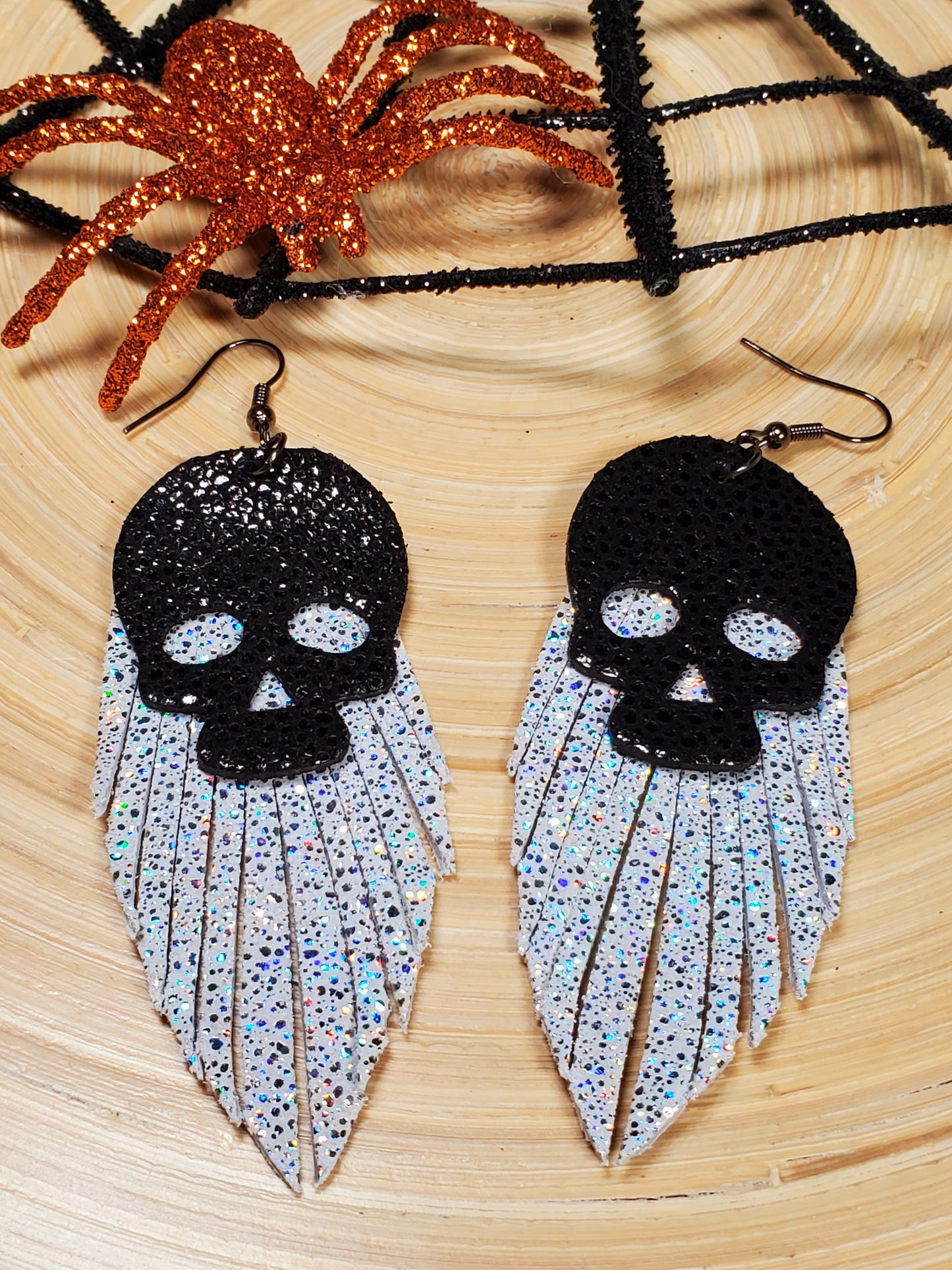 Voodoo Skulls Leather Earrings- Black & Silver Sparkle