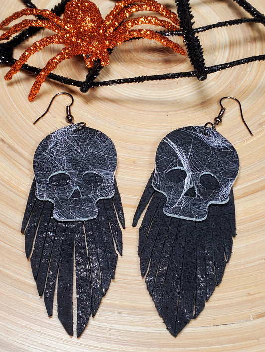 Voodoo Skulls Leather Earrings- Spiderweb