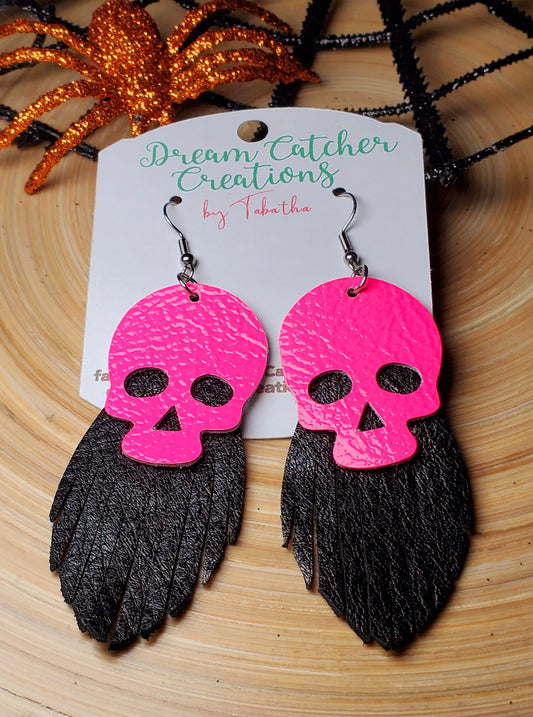 Voodoo Skulls Leather Earrings- Neon Pink