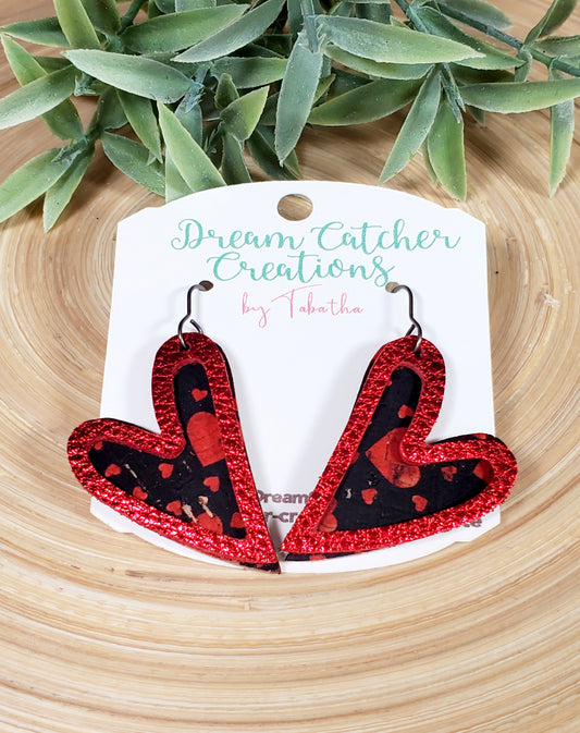 Layered Heart Leather Earrings- Red & Black Hearts