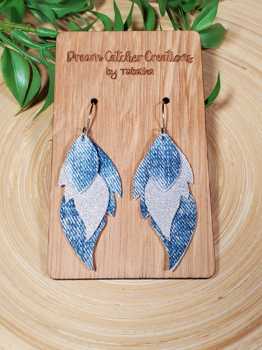 Mini Layered Feathers- Denim & Silver Sparkle