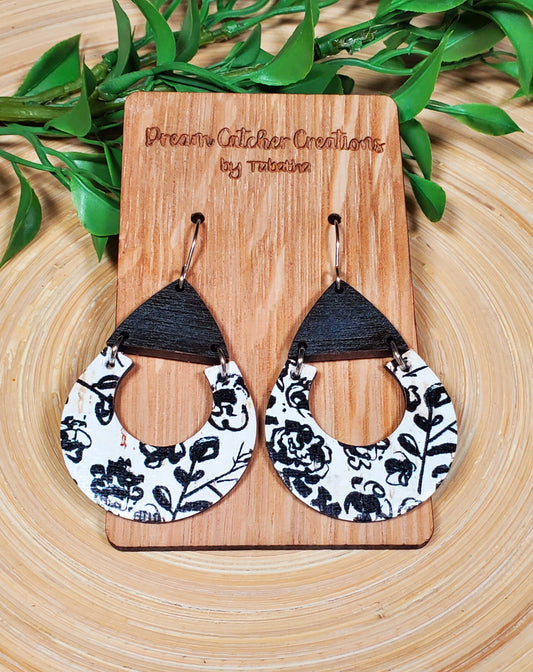 Crescent Drop Leather Earrings- Black Floral