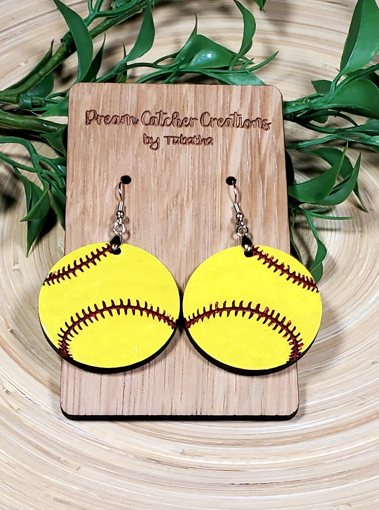 Softball Large Round Wood Earrings