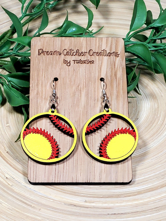 Softball Open Round Wood Earrings