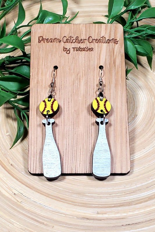 Softball & Bat Wood Earrings