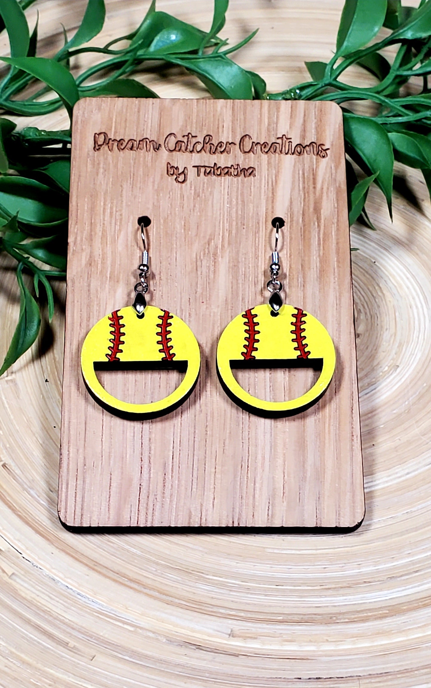 Softball Small Cutout Round Wood Earrings