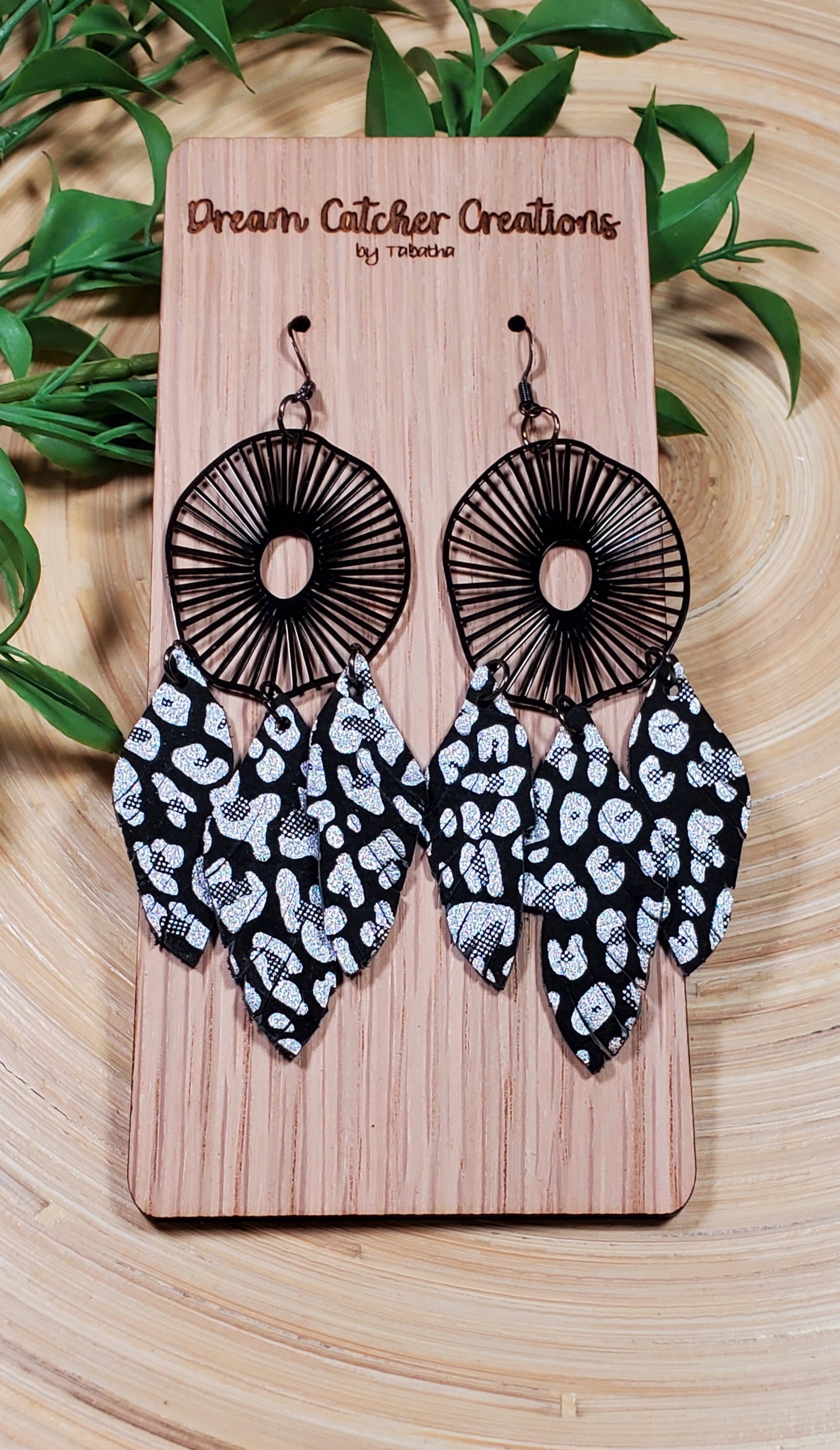 Dream Catcher Leather & Metal Earrings- Black & Silver Cheetah