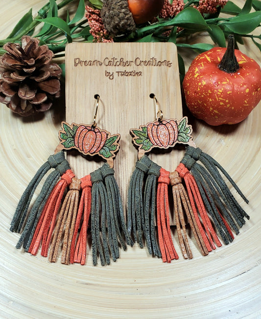 Pumpkin Fringe Earrings- Orange, Green, & Tan