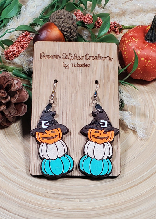 Pumpkin Stacker Wood Earrings- Orange, Cream, & Teal