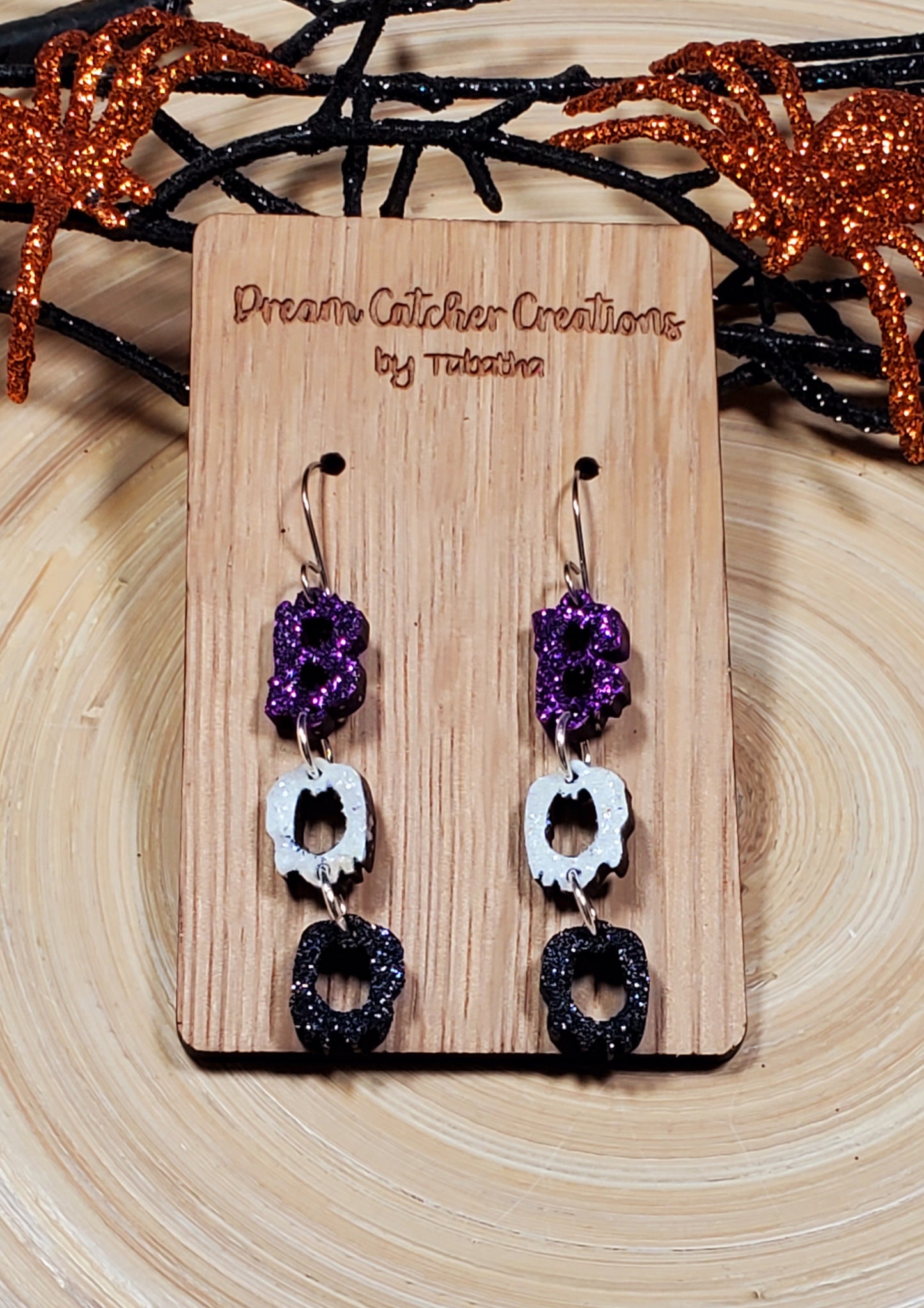 BOO Wood Earrings- Purple, White, Black