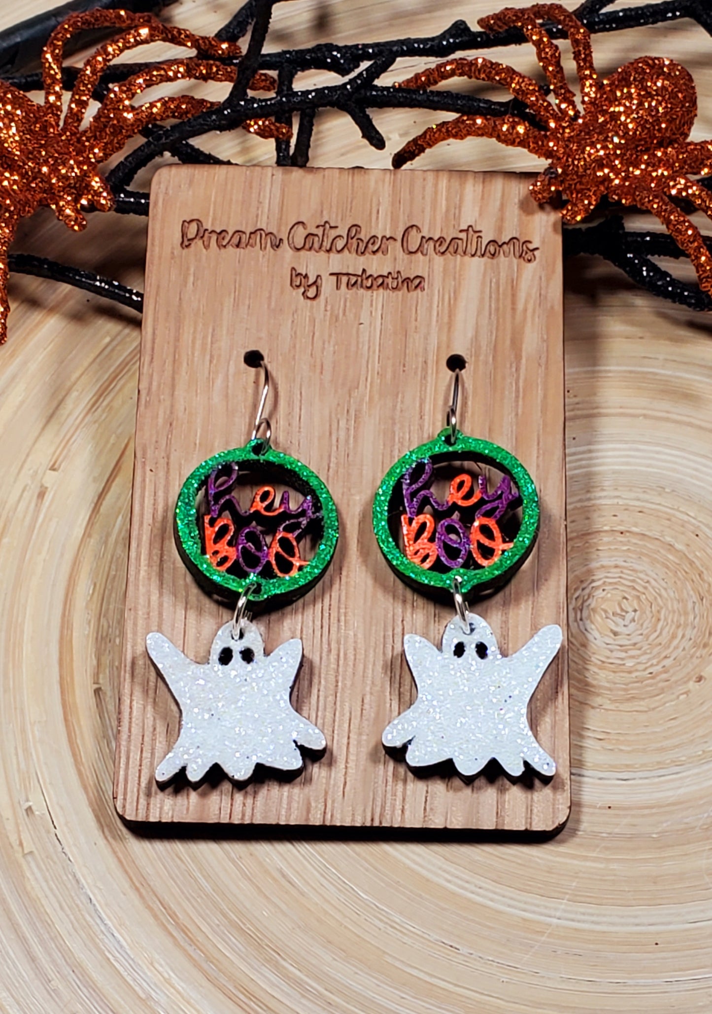 Hey Boo Ghost Wood Earrings- Orange, Purple, & Green