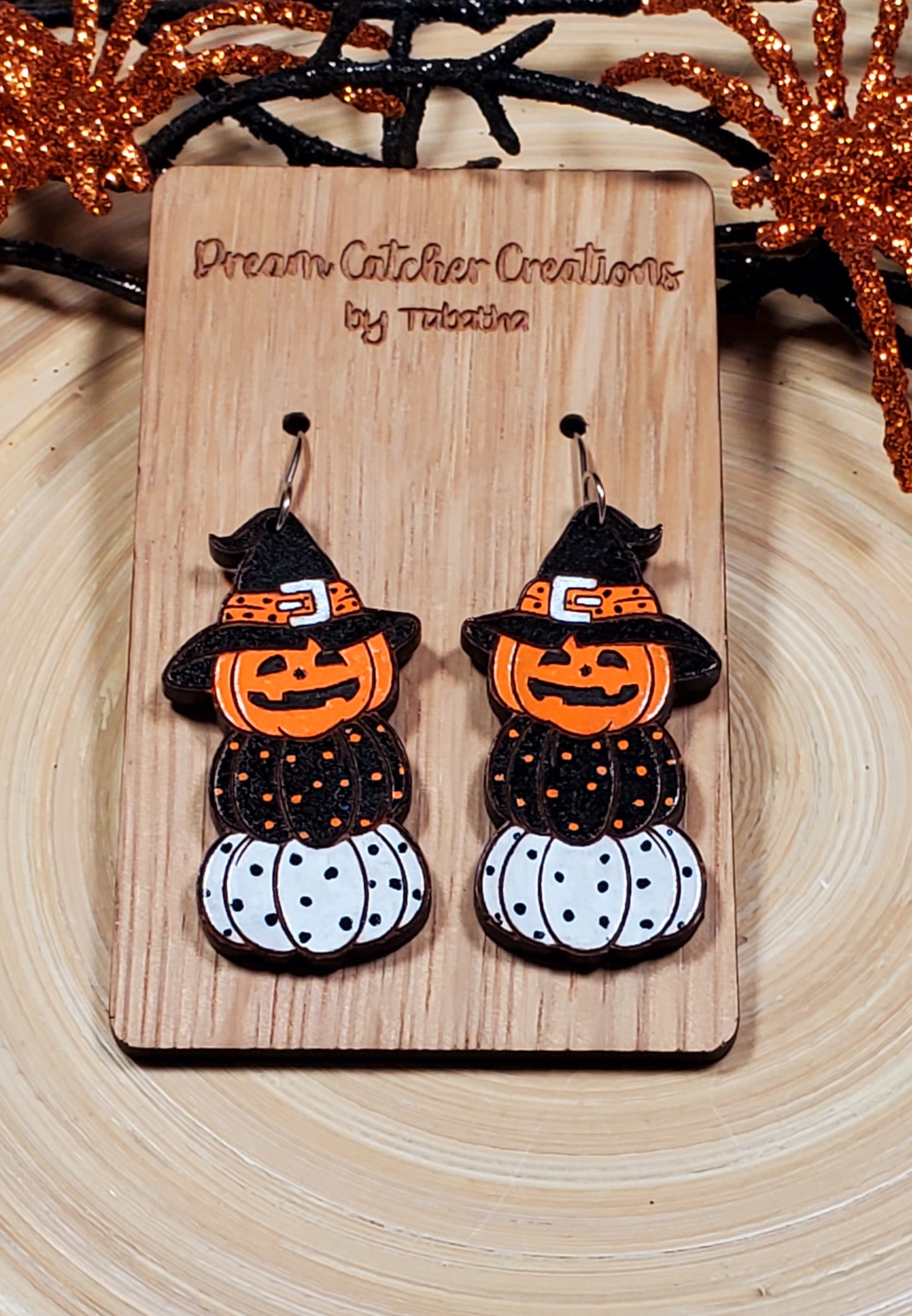 Pumpkin Stacker Wood Earrings- Orange, Black & White