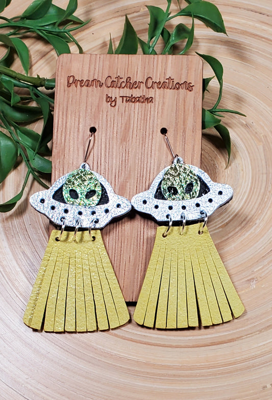 Spaceship Leather Earrings- 3.5 inch- Yellow