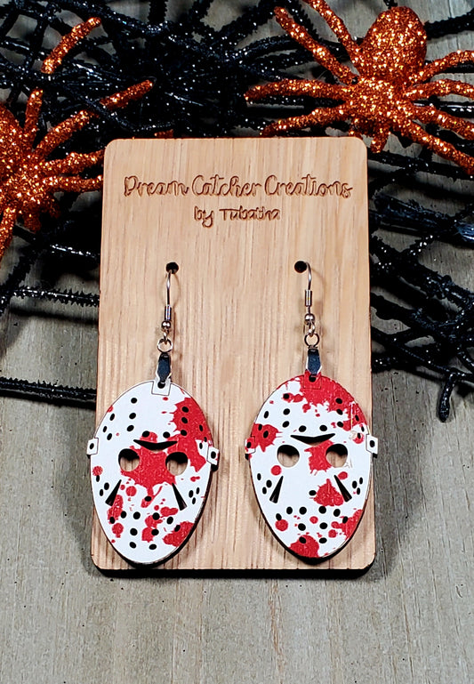 Hockey Mask- Jason Blood Spatter Wood Earrings