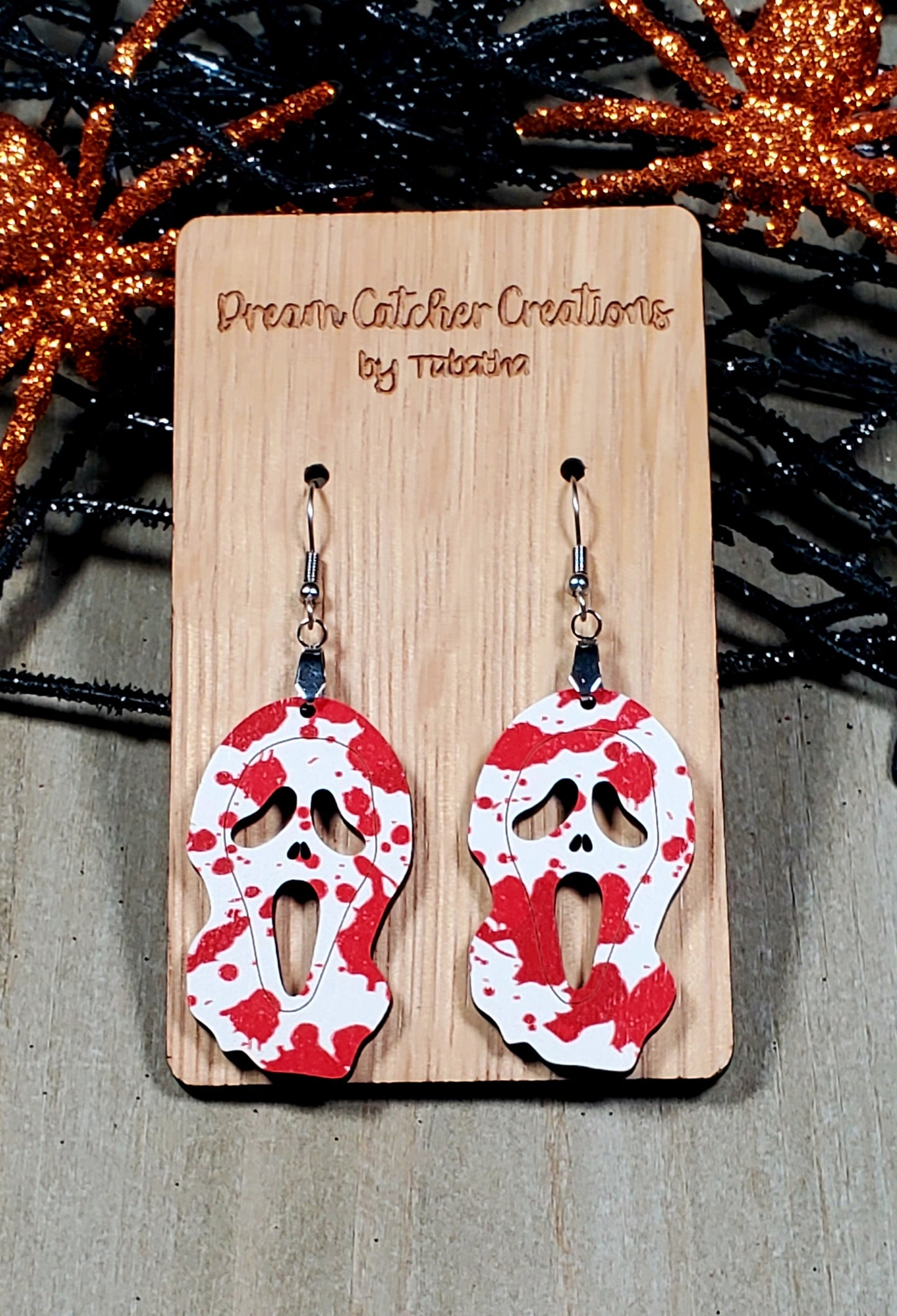 Ghostface Blood Spatter Wood Earrings