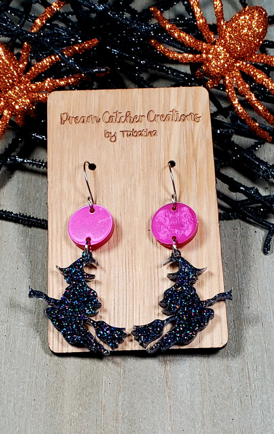 Witch on Broom Acrylic Earrings