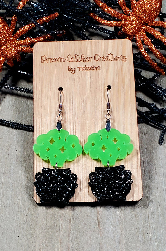 Cauldron Acrylic Earrings- Black Glitter & Green