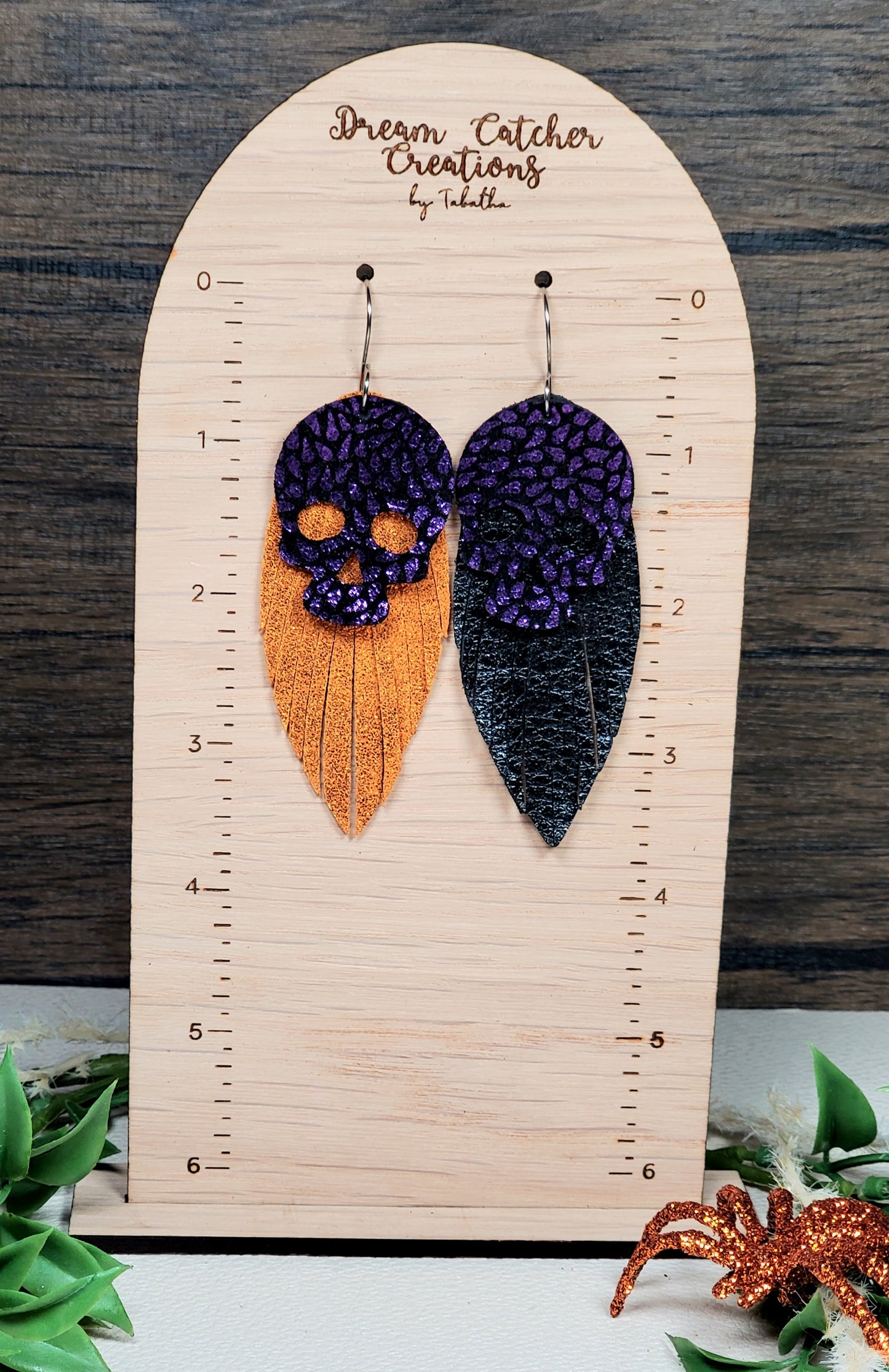 Voodoo Skulls Leather Earrings- Purple w/Orange or Black Fringe