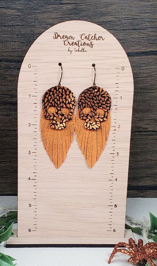 Voodoo Skulls Leather Earrings- Orange Micro Glitter & Black